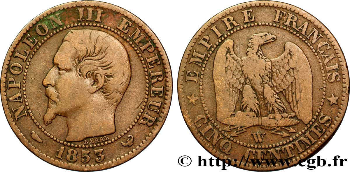 Cinq centimes Napoléon III, tête nue 1853 Lille F.116/7 TB20 