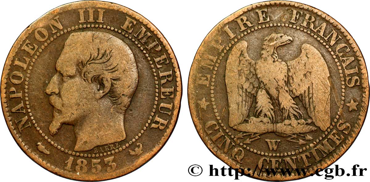 Cinq centimes Napoléon III, tête nue 1853 Lille F.116/7 B12 