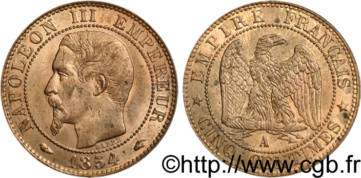Cinq centimes Napoléon III, tête nue 1854 Paris F.116/8 SPL63 