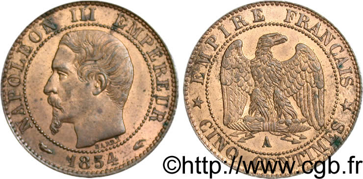 Cinq centimes Napoléon III, tête nue 1854 Paris F.116/8 SUP58 