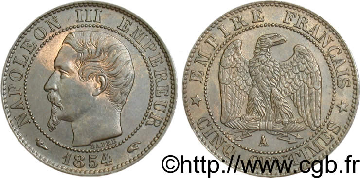 Cinq centimes Napoléon III, tête nue 1854 Paris F.116/8 SUP55 