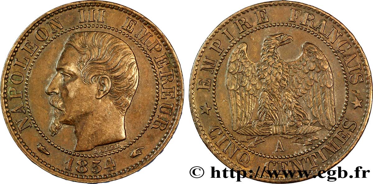 Cinq centimes Napoléon III, tête nue 1854 Paris F.116/8 TTB54 