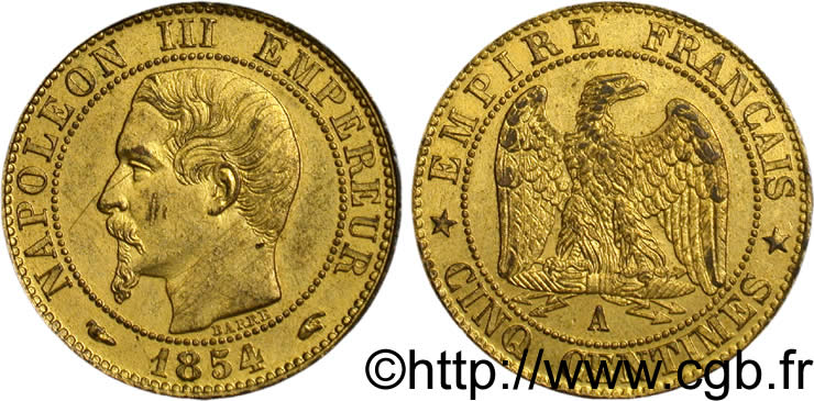 Cinq centimes Napoléon III, tête nue, doré 1854 Paris F.116/8 SS54 