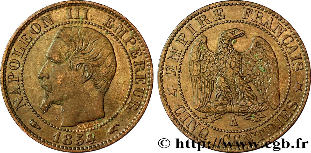 Cinq centimes Napoléon III, tête nue 1854 Paris F.116/8 TTB48 