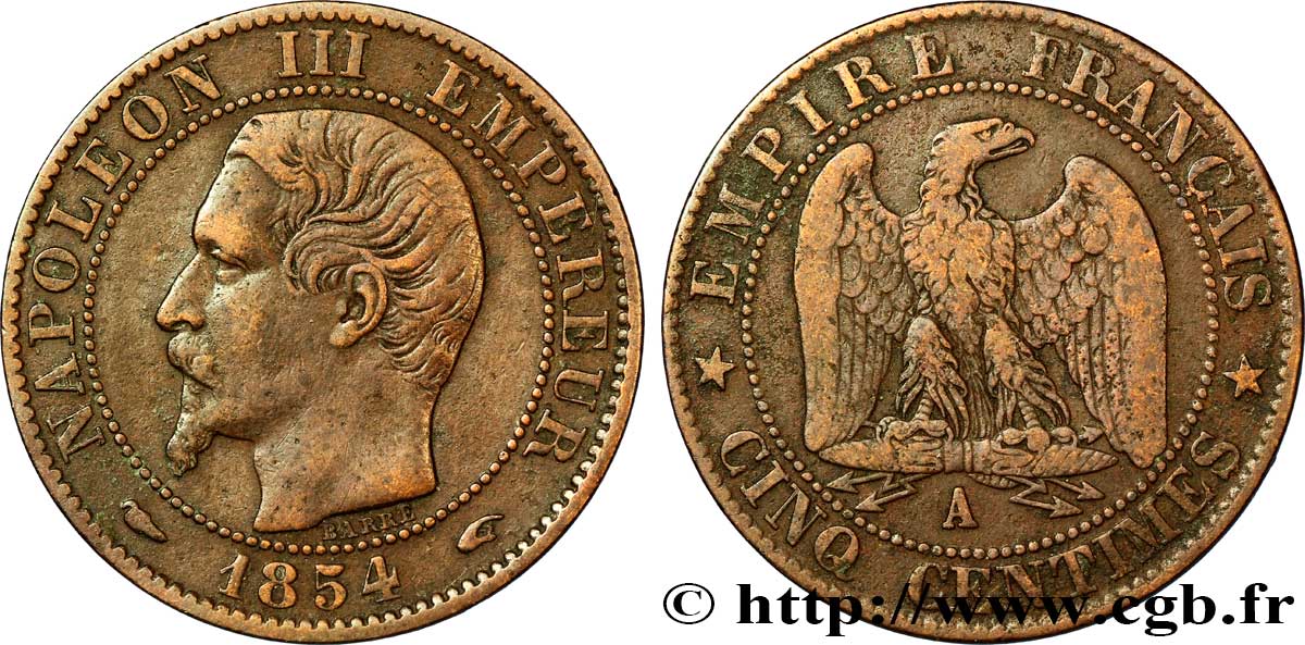 Cinq centimes Napoléon III, tête nue 1854 Paris F.116/8 TTB40 
