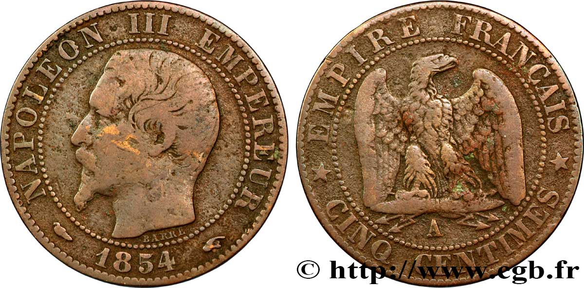 Cinq centimes Napoléon III, tête nue 1854 Paris F.116/8 VF20 