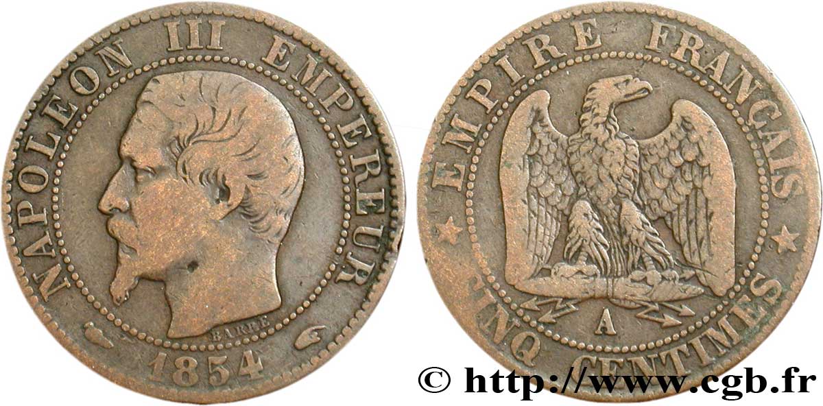 Cinq centimes Napoléon III, tête nue 1854 Paris F.116/8 B12 