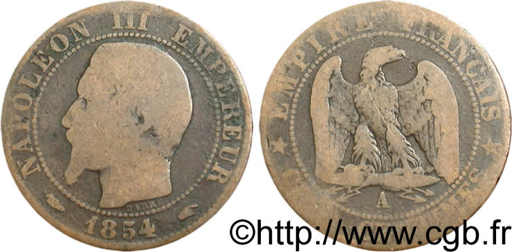 Cinq centimes Napoléon III, tête nue 1854 Paris F.116/8 VG8 