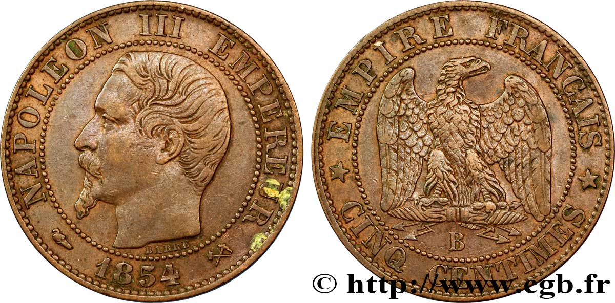 Cinq centimes Napoléon III, tête nue 1854 Rouen F.116/9 TTB48 