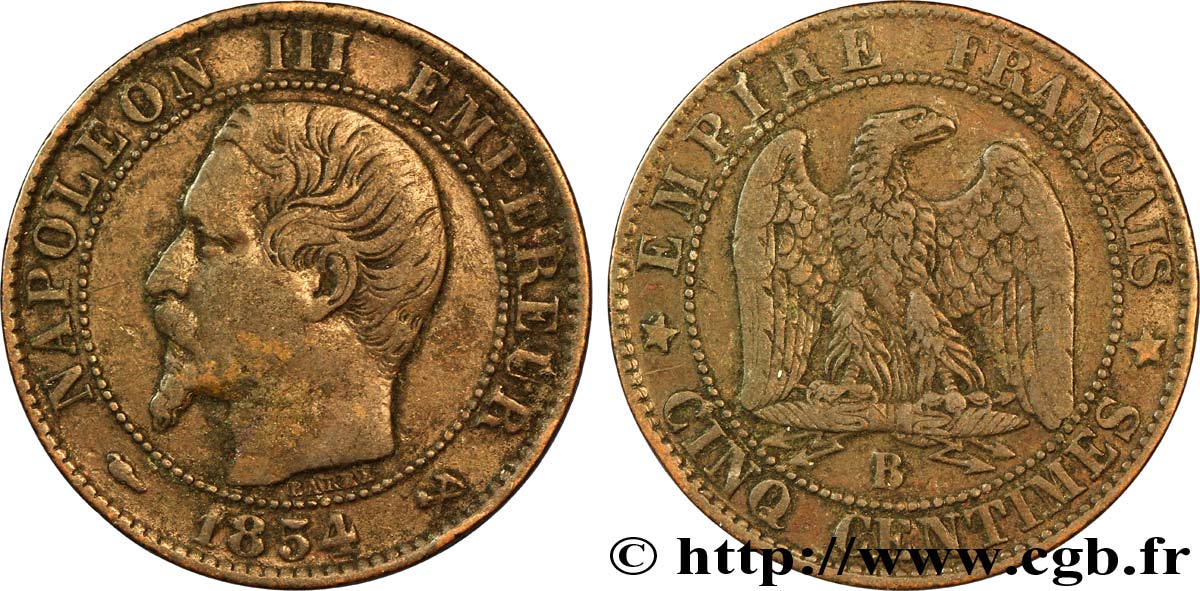 Cinq centimes Napoléon III, tête nue 1854 Rouen F.116/9 TTB40 