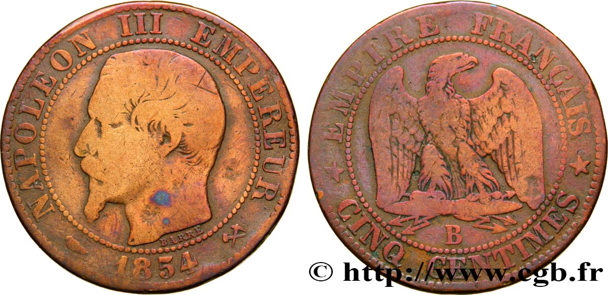 Cinq centimes Napoléon III, tête nue 1854 Rouen F.116/9 B12 