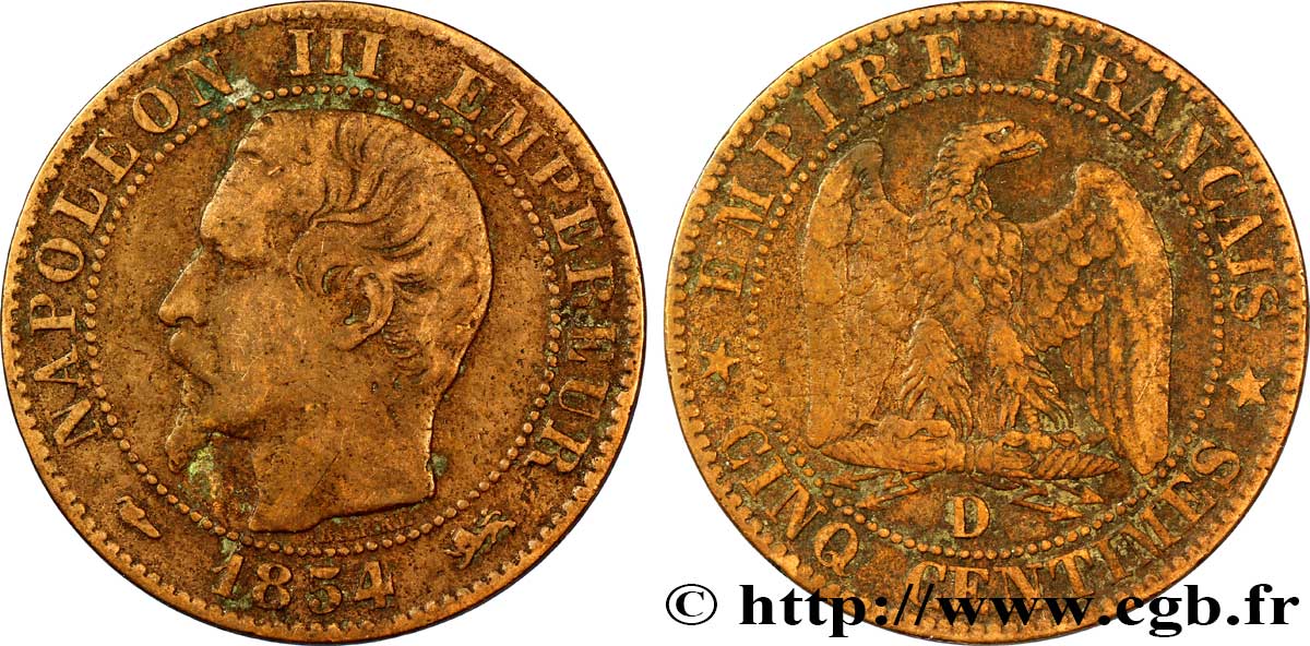 Cinq centimes Napoléon III, tête nue 1854 Lyon F.116/12 B12 