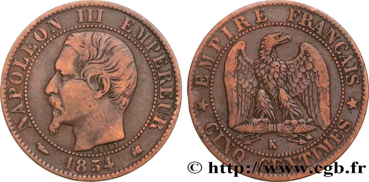 Cinq centimes Napoléon III, tête nue 1854 Bordeaux F.116/13 SS40 