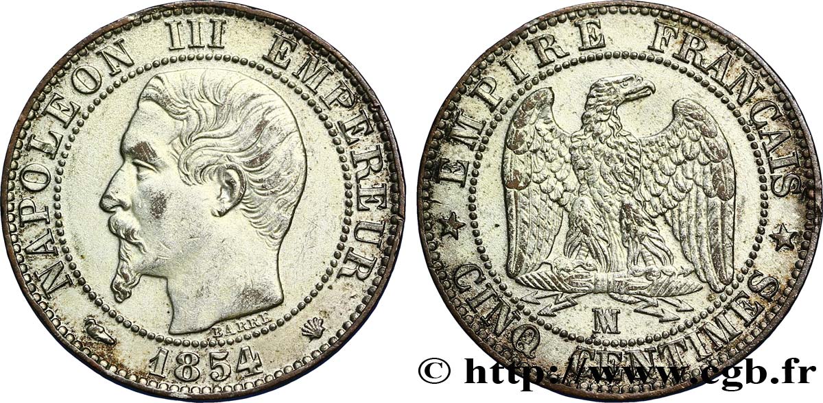 Cinq centimes Napoléon III, tête nue 1854 Marseille F.116/14 TTB54 