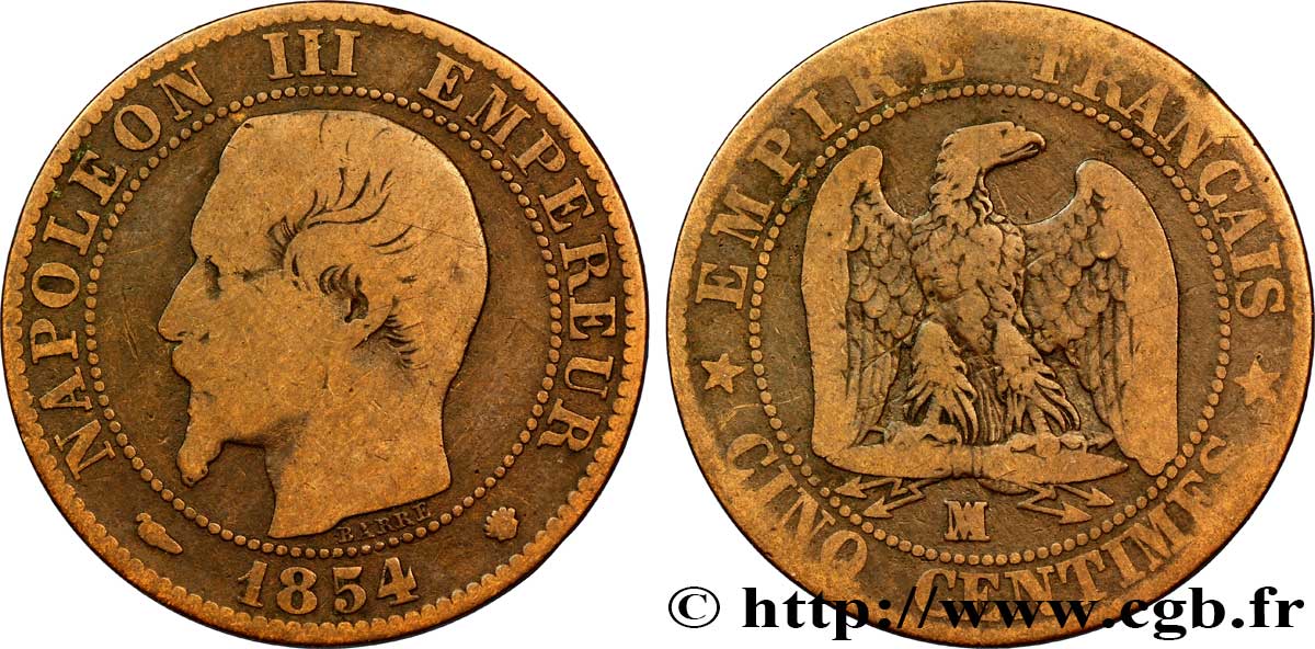 Cinq centimes Napoléon III, tête nue 1854 Marseille F.116/14 B12 