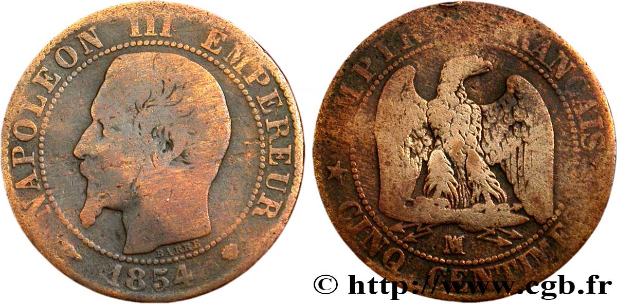 Cinq centimes Napoléon III, tête nue 1854 Marseille F.116/14 B8 