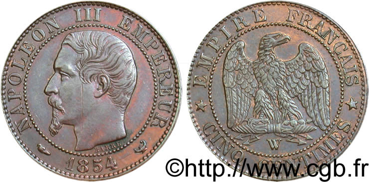 Cinq centimes Napoléon III, tête nue 1854 Lille F.116/15 SPL55 