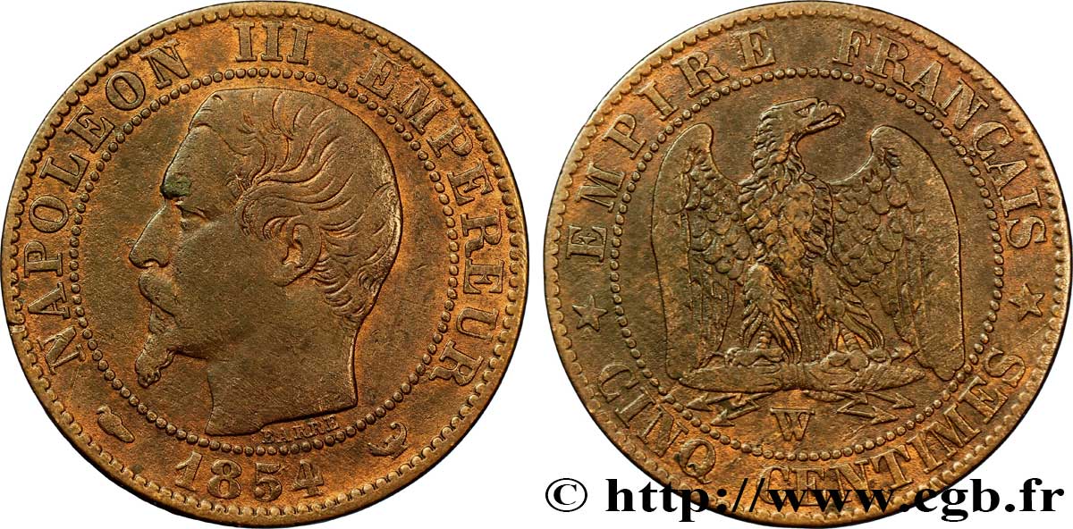 Cinq centimes Napoléon III, tête nue 1854 Lille F.116/15 TTB42 
