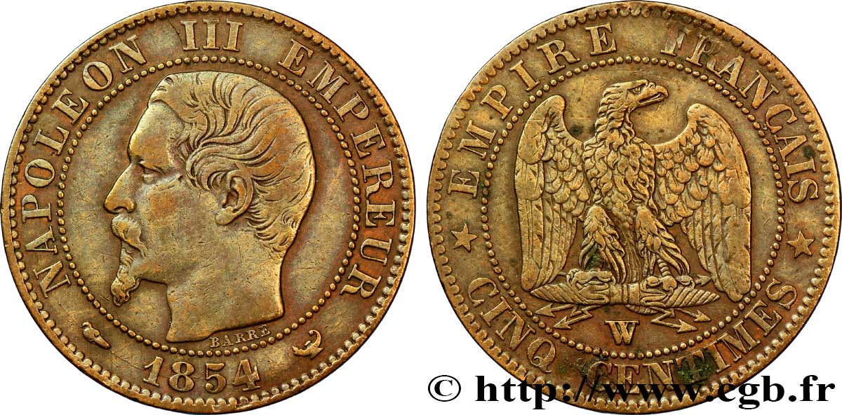 Cinq centimes Napoléon III, tête nue 1854 Lille F.116/15 VF35 