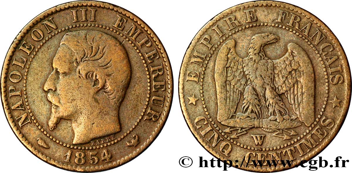Cinq centimes Napoléon III, tête nue 1854 Lille F.116/15 TB20 