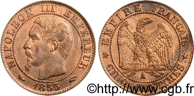 Cinq centimes Napoléon III, tête nue, différent levrette 1855 Paris F.116/16 SPL63 