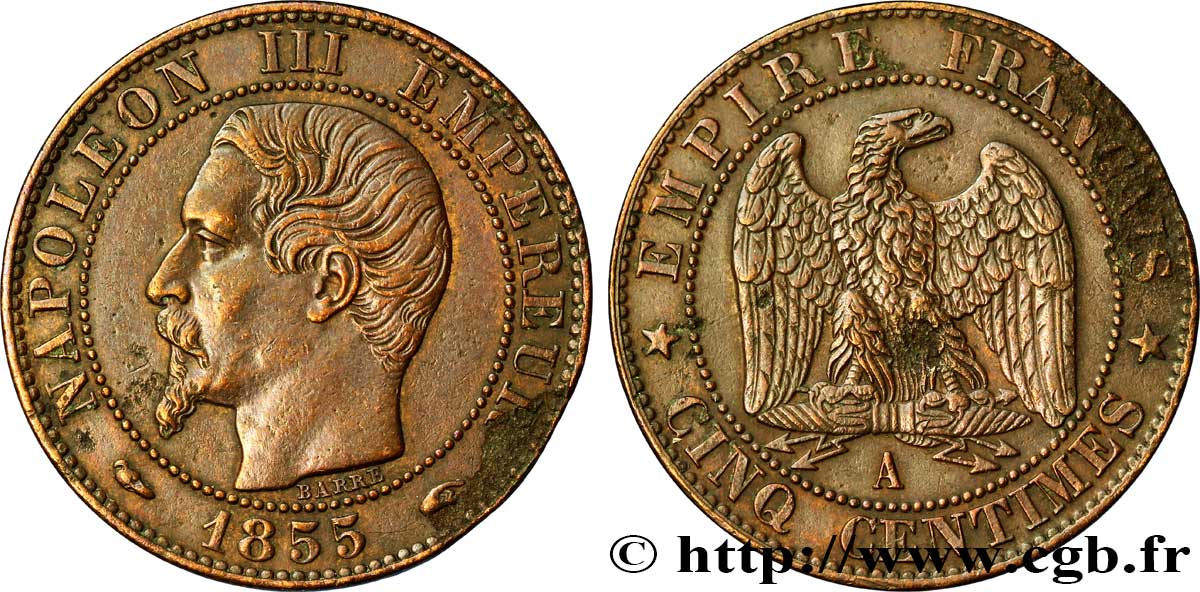 Cinq centimes Napoléon III, tête nue 1855 Paris F.116/16 TTB54 
