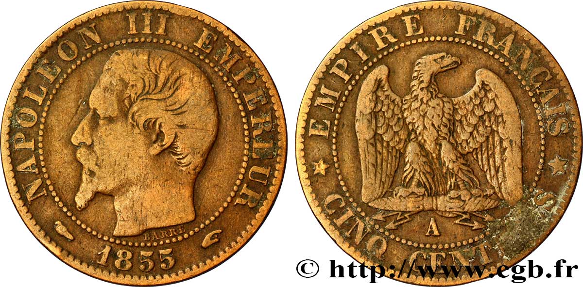 Cinq centimes Napoléon III, tête nue 1855 Paris F.116/16 BB40 