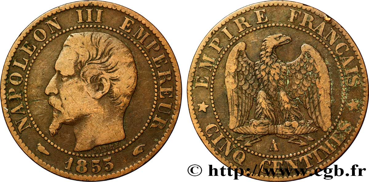 Cinq centimes Napoléon III, tête nue 1855 Paris F.116/16 TB20 