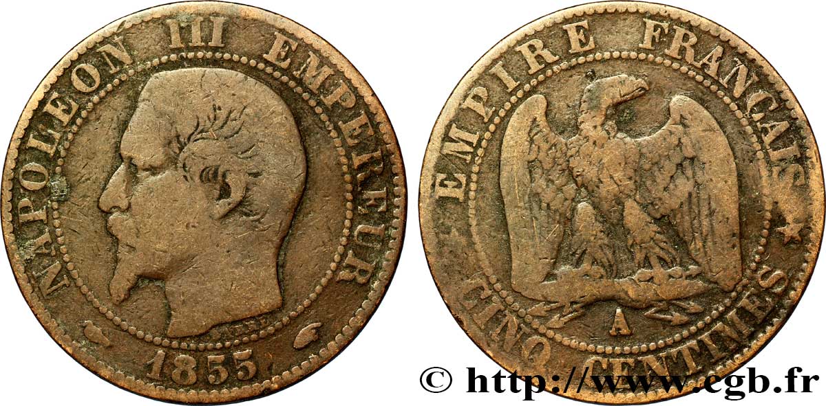 Cinq centimes Napoléon III, tête nue 1855 Paris F.116/16 B12 