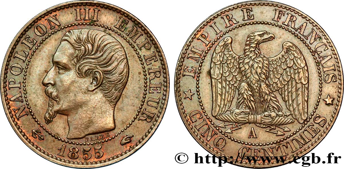 Cinq centimes Napoléon III, tête nue 1855 Paris F.116/17 SPL58 