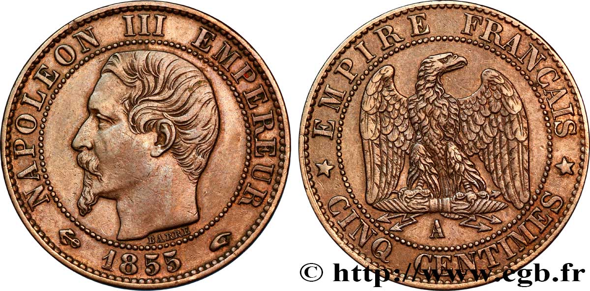 Cinq centimes Napoléon III, tête nue 1855 Paris F.116/17 BB54 