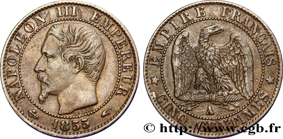 Cinq centimes Napoléon III, tête nue 1855 Paris F.116/17 TTB48 