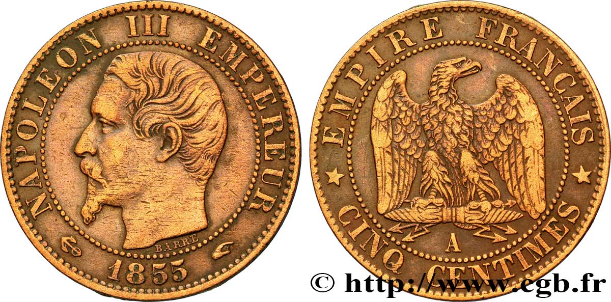 Cinq centimes Napoléon III, tête nue 1855 Paris F.116/17 BC35 