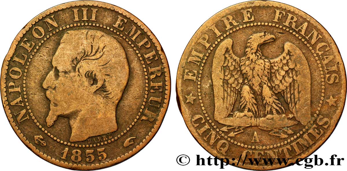 Cinq centimes Napoléon III, tête nue 1855 Paris F.116/17 TB20 
