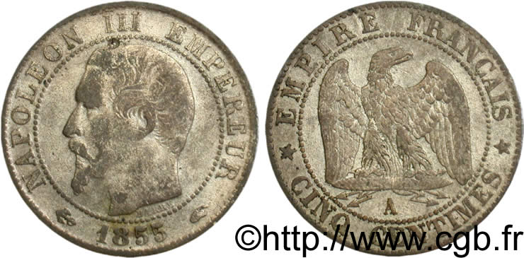 Cinq centimes Napoléon III, tête nue, différent ancre, argenté 1855 Paris F.116/17 VF20 