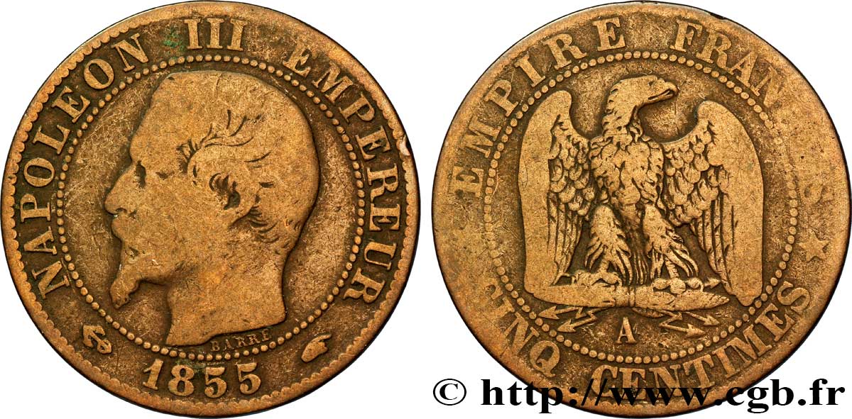 Cinq centimes Napoléon III, tête nue 1855 Paris F.116/17 F12 