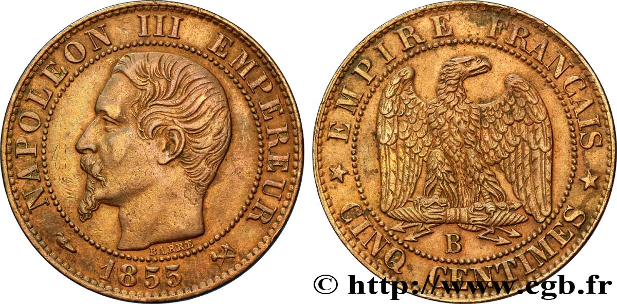 Cinq centimes Napoléon III, tête nue 1855 Rouen F.116/18 TTB48 