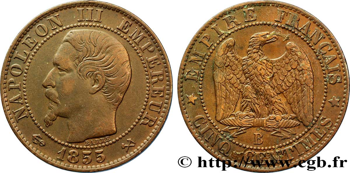 Cinq centimes Napoléon III, tête nue 1855 Rouen F.116/19 TTB45 