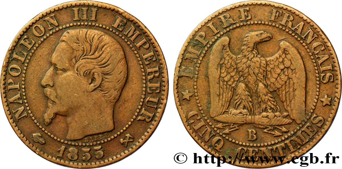 Cinq centimes Napoléon III, tête nue 1855 Rouen F.116/19 VF20 