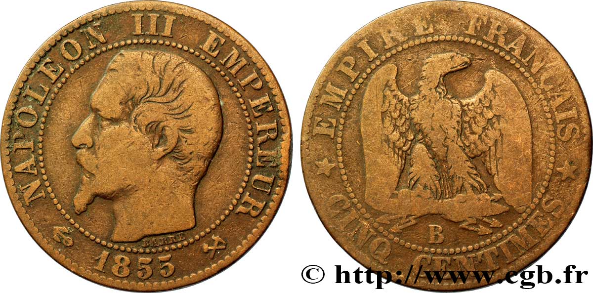 Cinq centimes Napoléon III, tête nue 1855 Rouen F.116/19 B12 