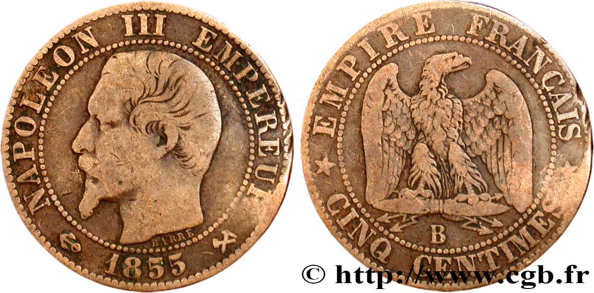 Cinq centimes Napoléon III, tête nue 1855 Rouen F.116/19 B8 