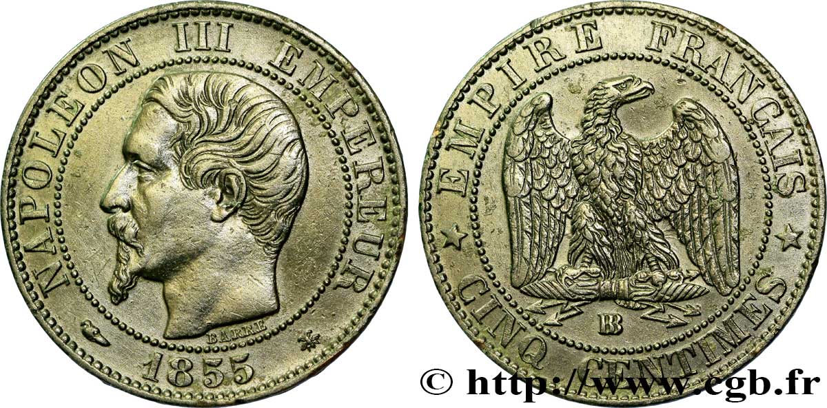 Cinq centimes Napoléon III, tête nue 1855 Strasbourg F.116/20 AU50 