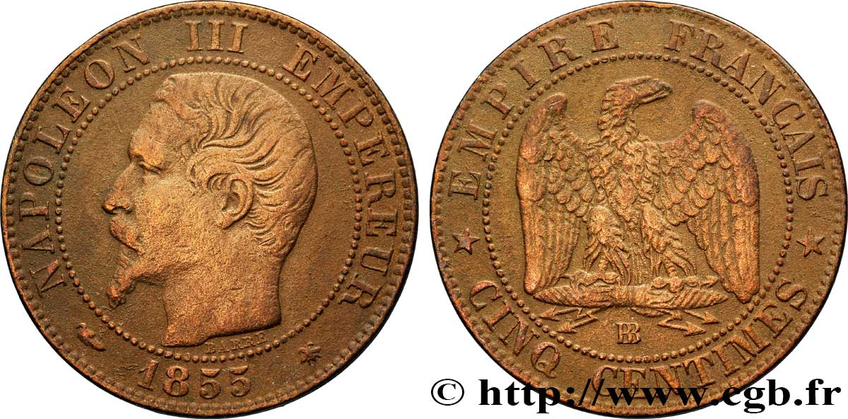 Cinq centimes Napoléon III, tête nue 1855 Strasbourg F.116/20 MBC40 