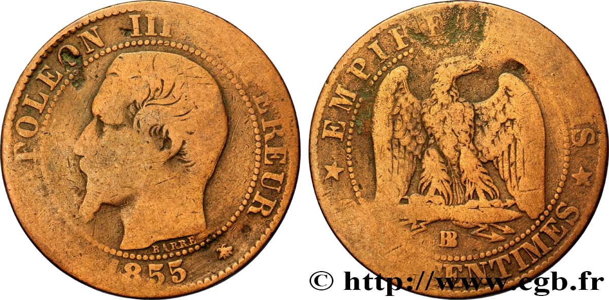 Cinq centimes Napoléon III, tête nue 1855 Strasbourg F.116/20 RC8 