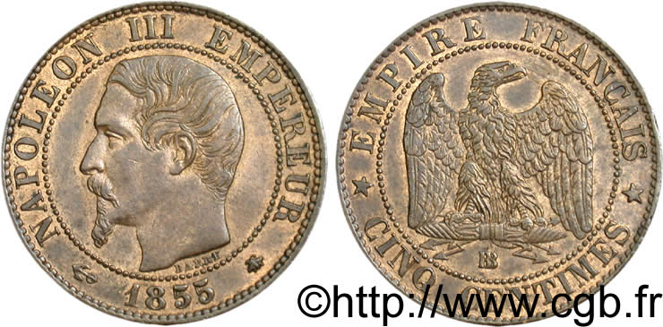 Cinq centimes Napoléon III, tête nue, différent ancre 1855 Strasbourg F.116/21 SUP58 