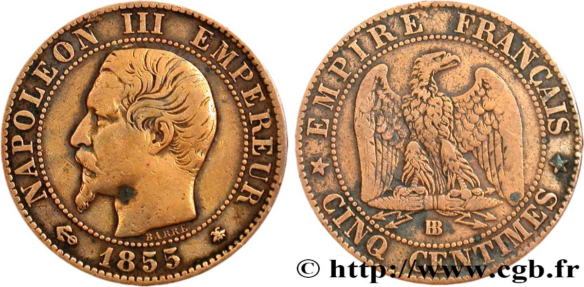 Cinq centimes Napoléon III, tête nue 1855 Strasbourg F.116/21 TB20 