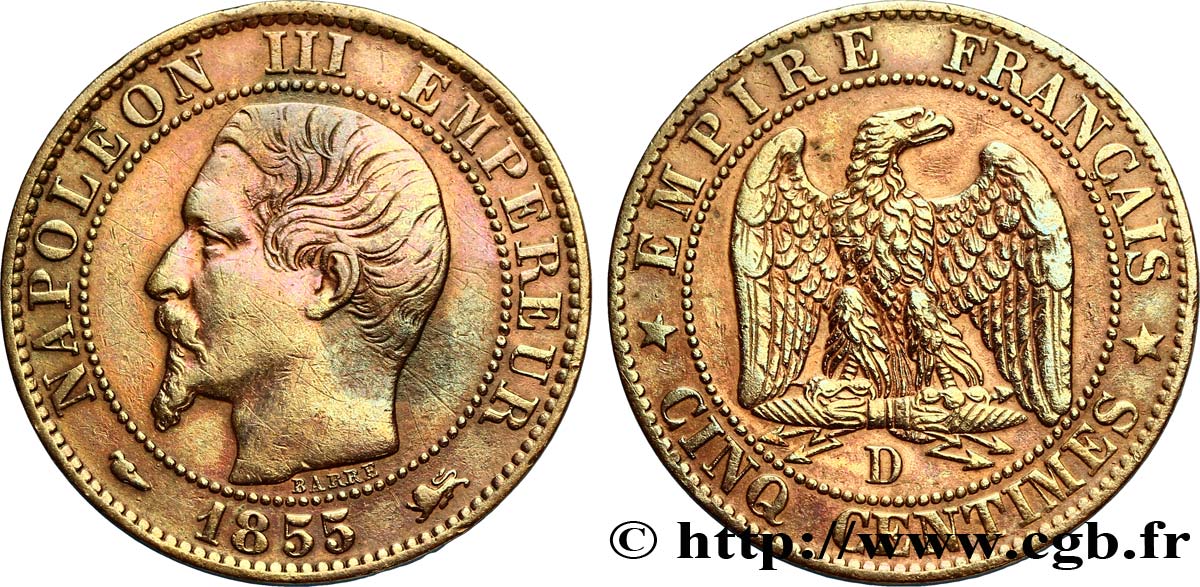 Cinq centimes Napoléon III, tête nue 1855 Lyon F.116/22 TTB48 