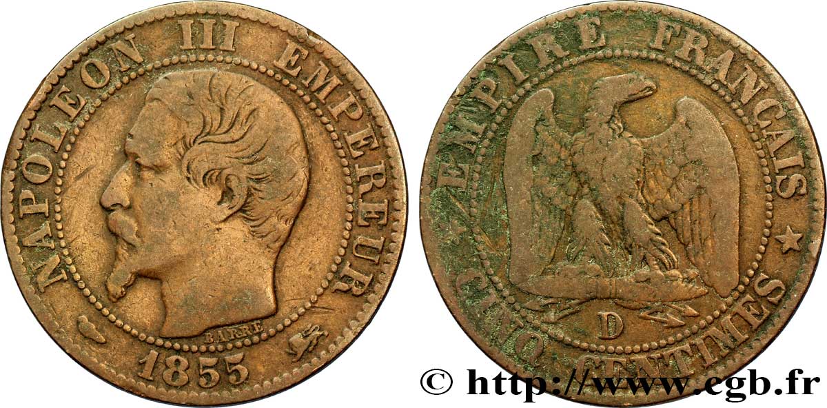 Cinq centimes Napoléon III, tête nue 1855 Lyon F.116/22 B12 