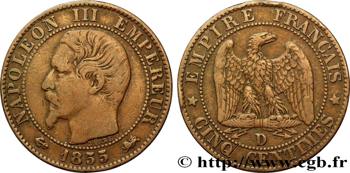 Cinq centimes Napoléon III, tête nue 1855 Lyon F.116/23 BC35 