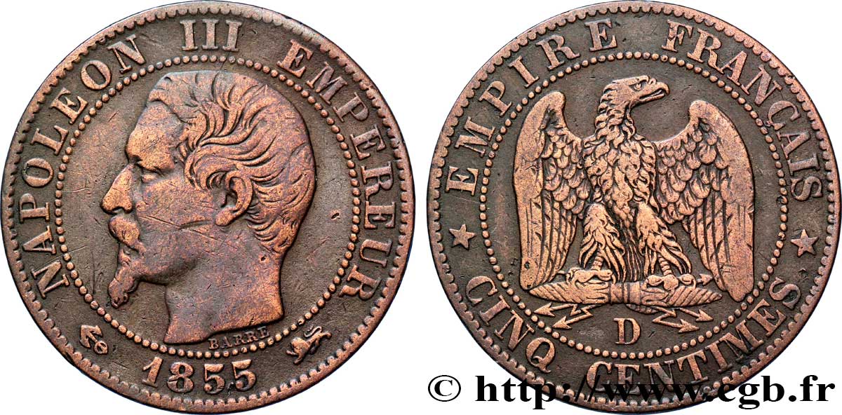 Cinq centimes Napoléon III, tête nue 1855 Lyon F.116/23 TB20 